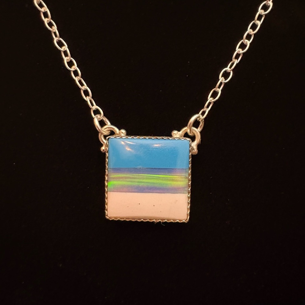 Aurora Opal Square Pendant With Necklace Attached